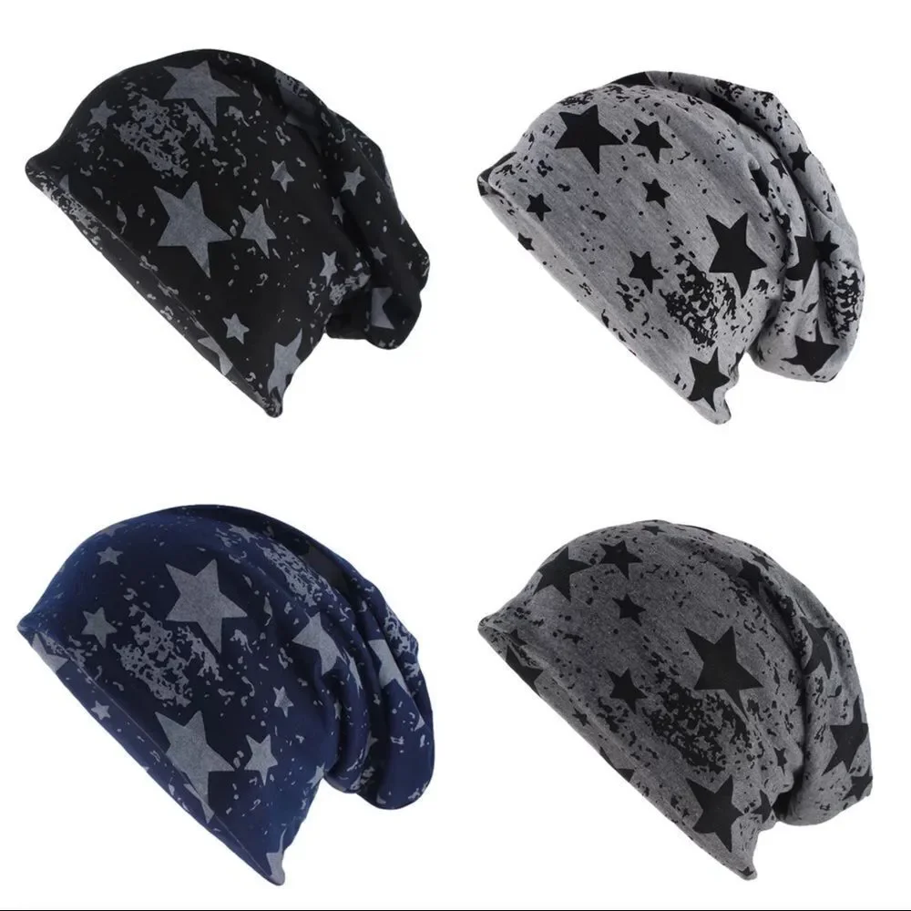 NEW Beanie Cap Dark Gray Graphic Black Stars Slouchy Skull Caps Headwear